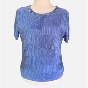 Alfred Dunner Moonlight Blue Tiered Plissé Embellished Gems Bejeweled Top (SZ M)